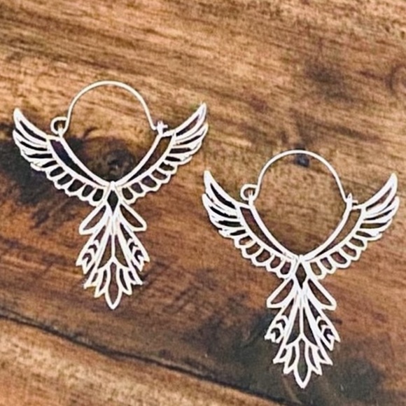 “Thunderbird” Phoenix Silver Guardian Angel Festival Native American Wing Hoops - Picture 13 of 13